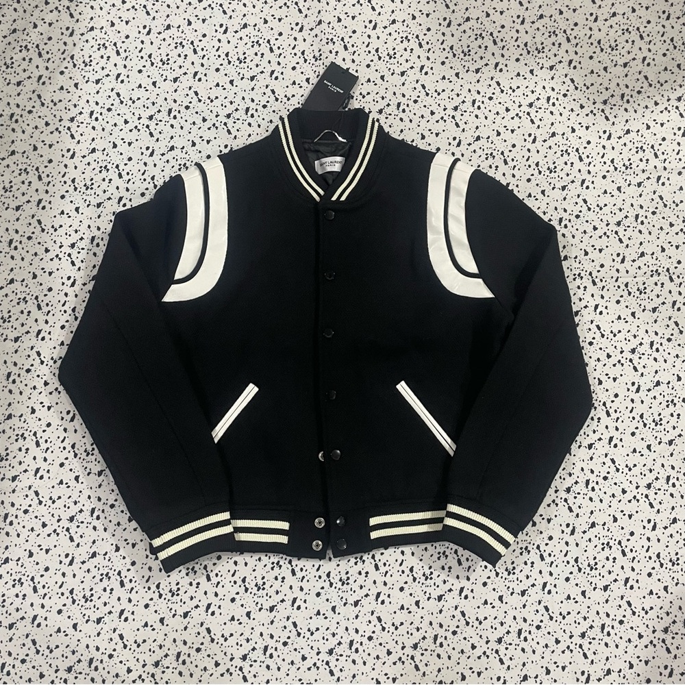 Saint Laurent Black and White Bomber Varsity Jacket